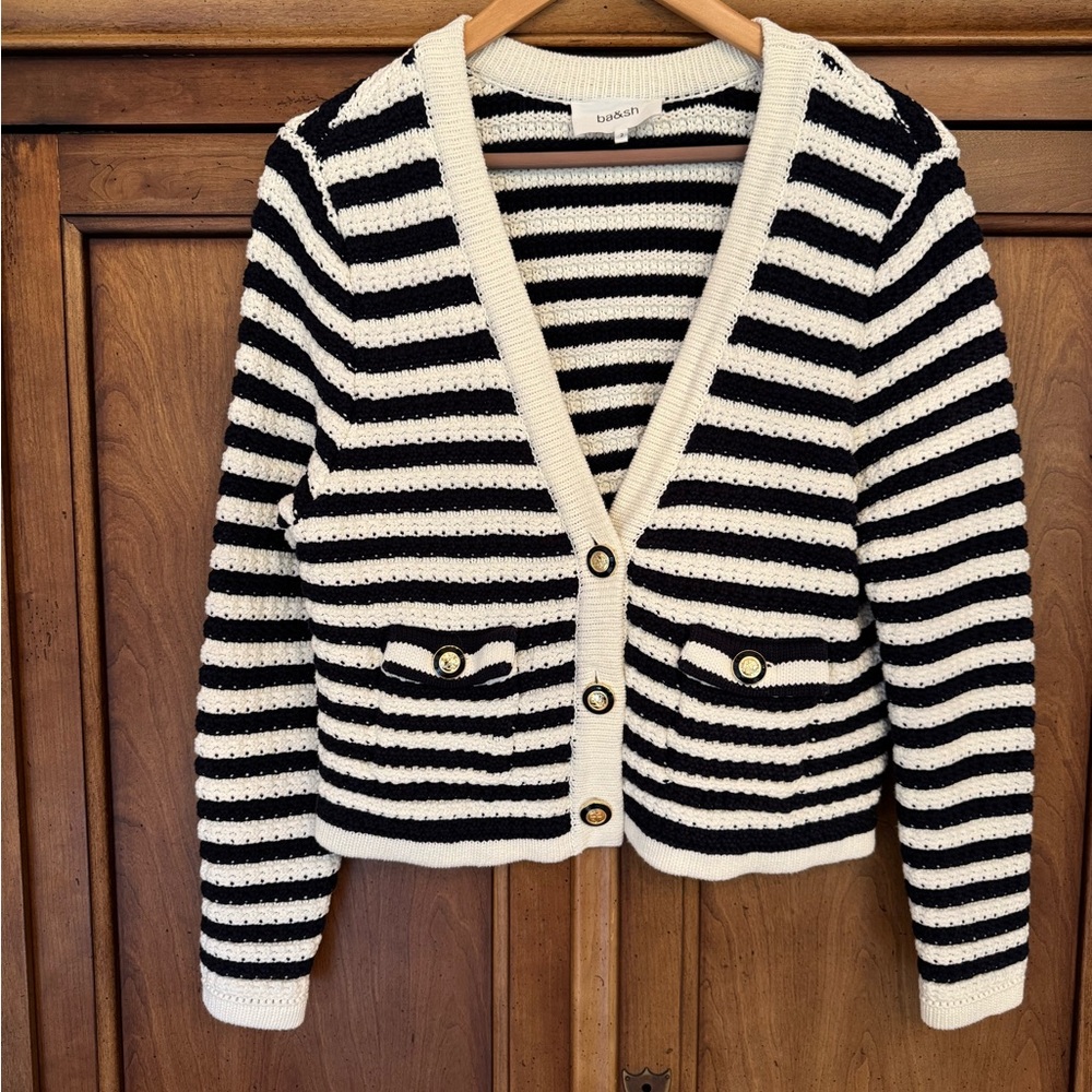ba&sh Navy and White Striped Lady Cardigan